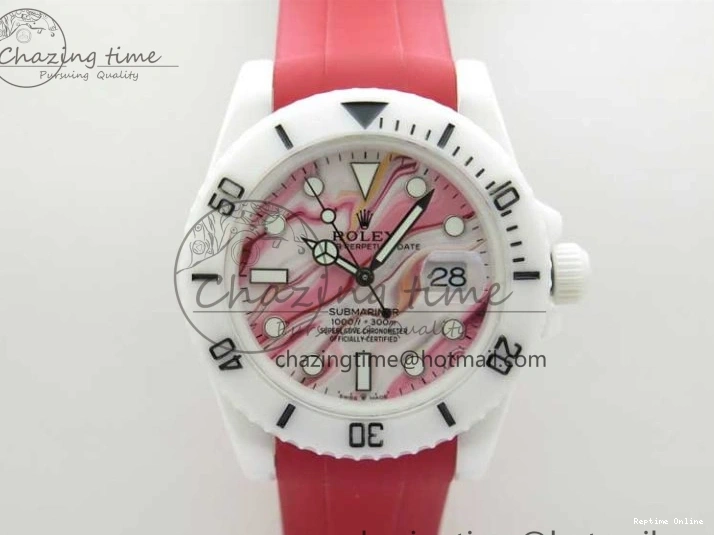 0123 WrinkleFree Submariner 40mm White Ceramic 5GF Best Edition White Red Dial on Red Rubber Strap SA 2485
